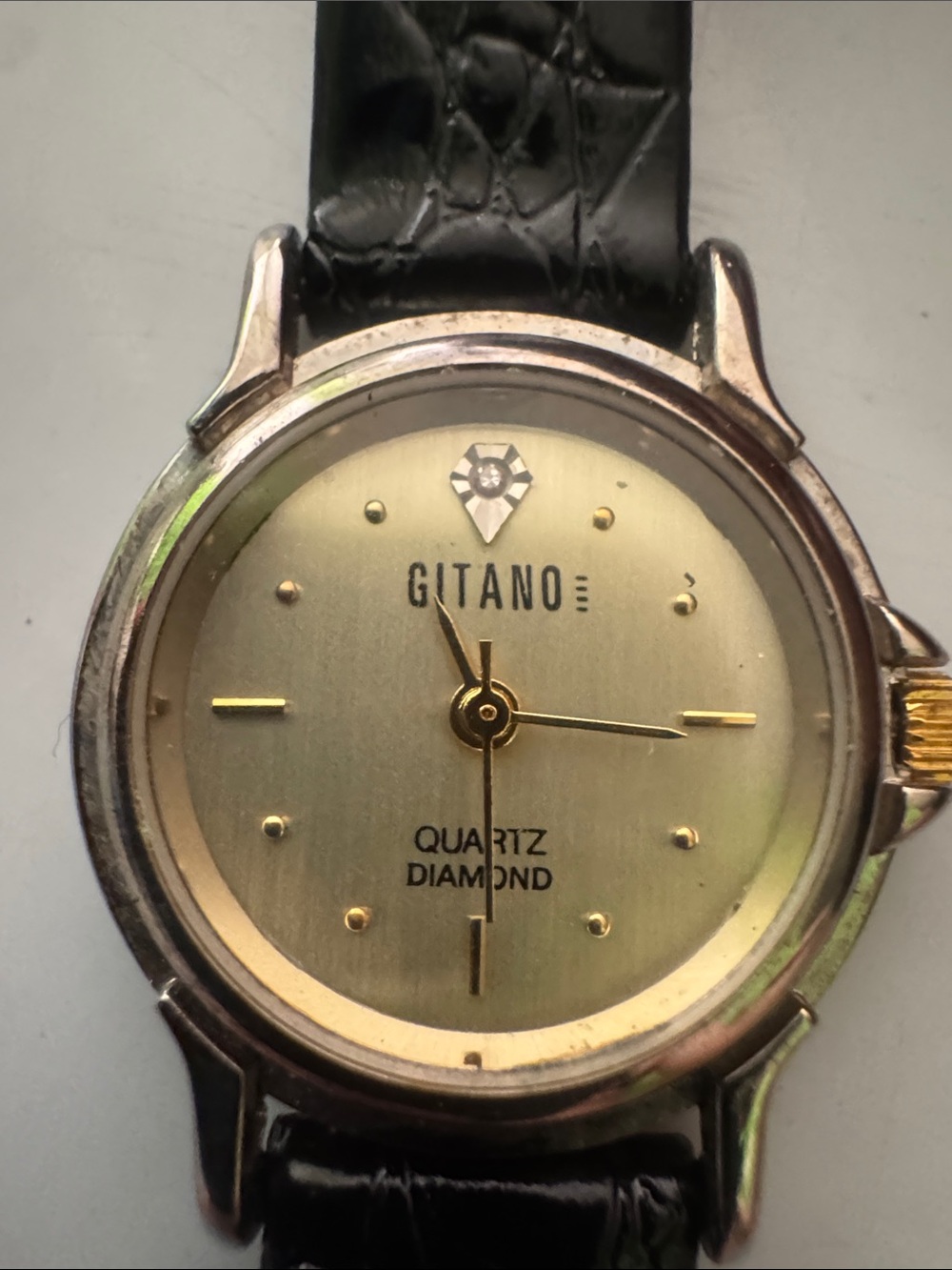 WA01 - Gitano Diamond Watch Gold tone and black leather band- Untested